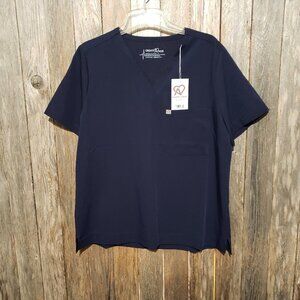 NEW Create Amor XL Women's Scrub Top Navy Blue Rose One Pocket Stretch